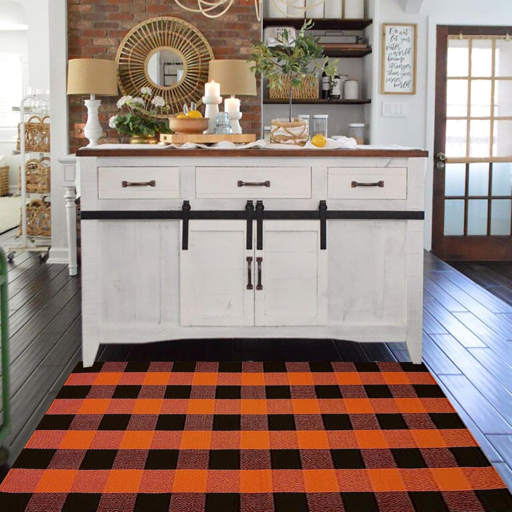 Fall Outdoor Rug Orange Buffalo Plaid Outdoor Rug Cotton Hand-Woven Buffalo C...