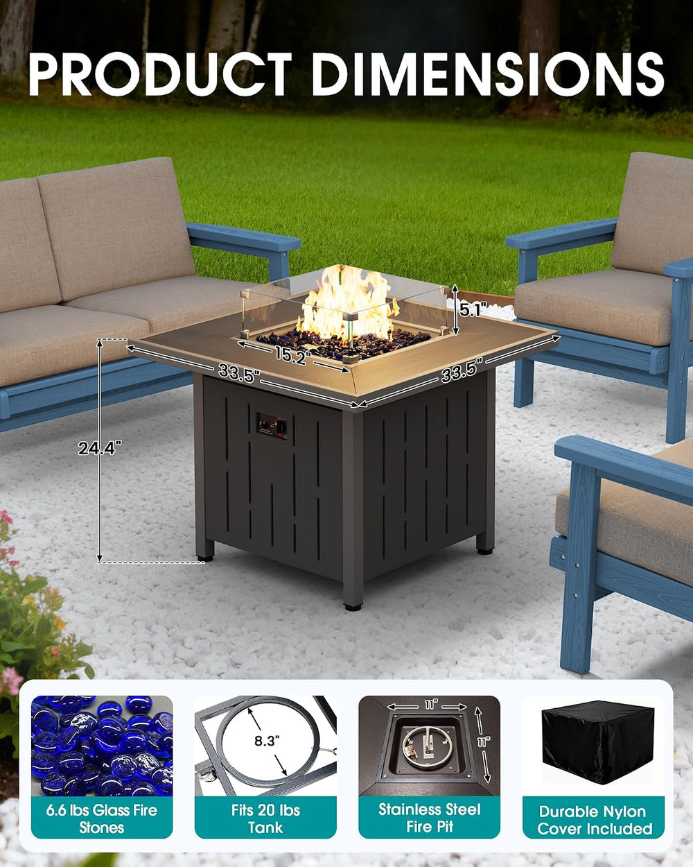 SERWALL 33" Square Outdoor Fire Pit Table with Lid, Black