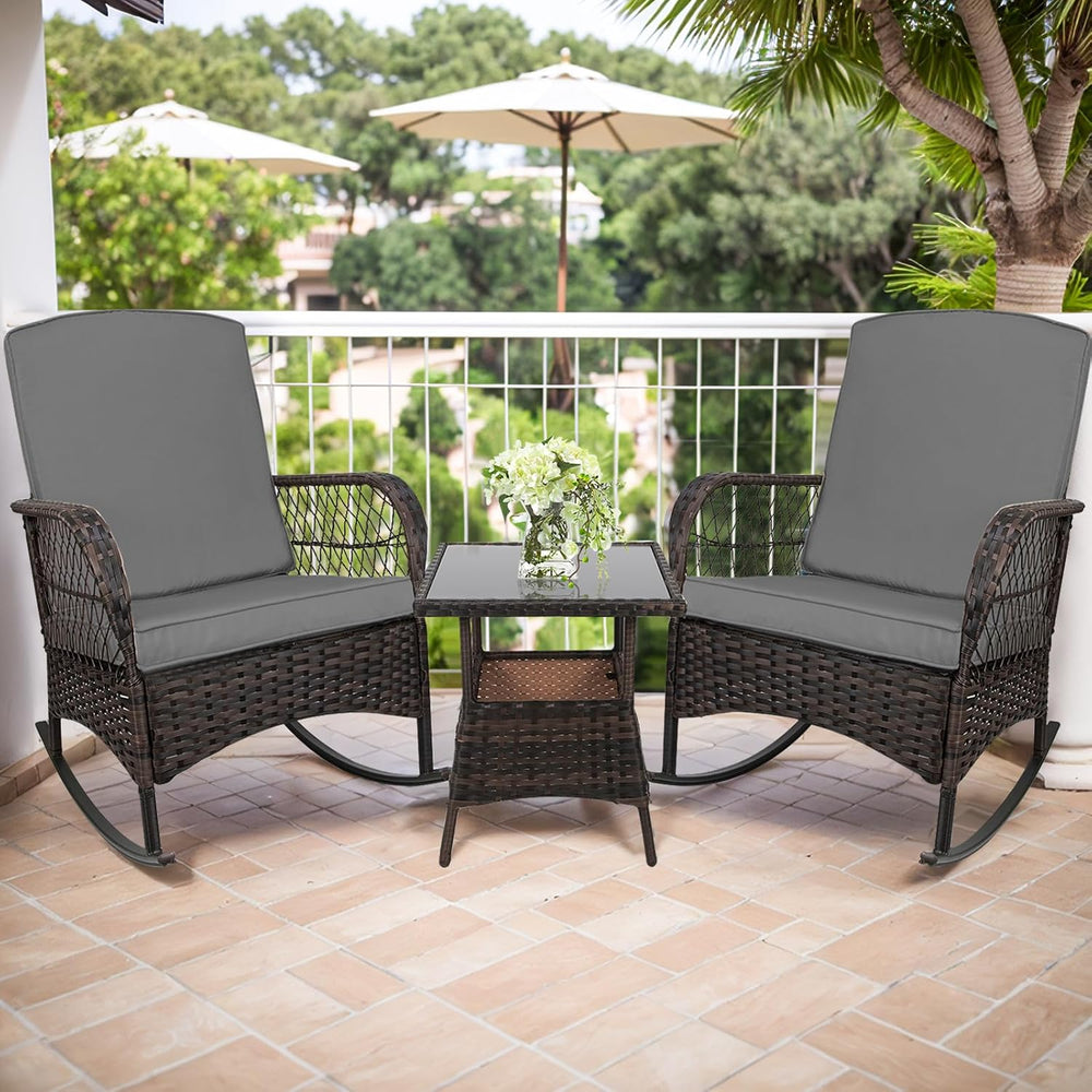 LEVELEVE 3 pcs Rocking Bistro Set Conversation Chairs PE Wicker Outdoor Rocki...