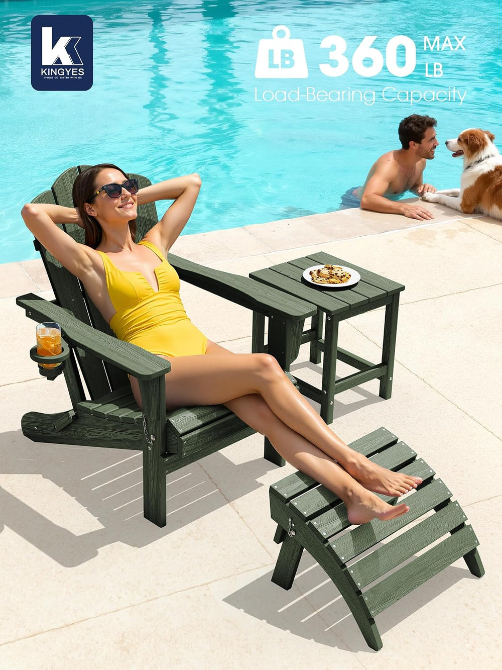 KINGYES Folding Adirondack Chair Set of 2 with Cup Holder, Avocado