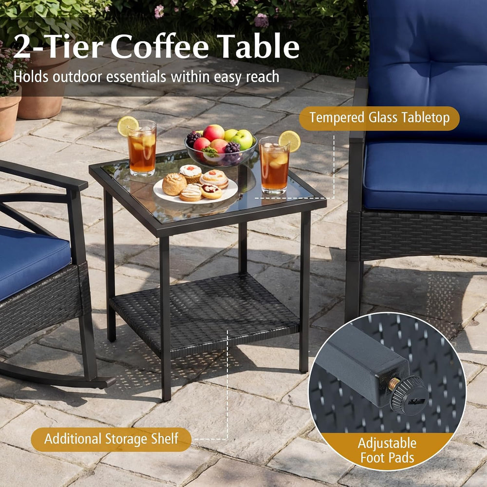 HAPPYGRILL 3 Piece Rocking Bistro Set PE Rattan Rocker Chairs with Table and ...