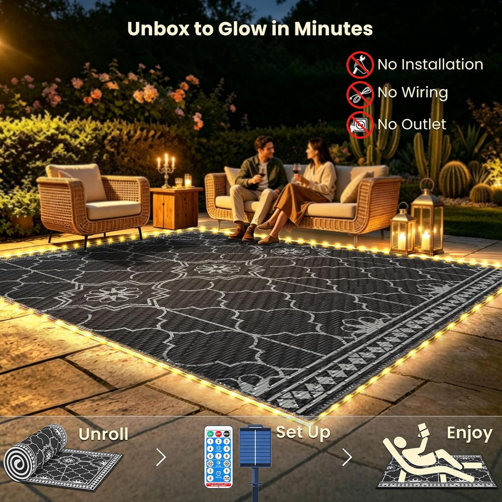 9x12Ft Outdoor Rug, Solar Powered Outdoor Rug with 131LEDs Strip Lights for H...