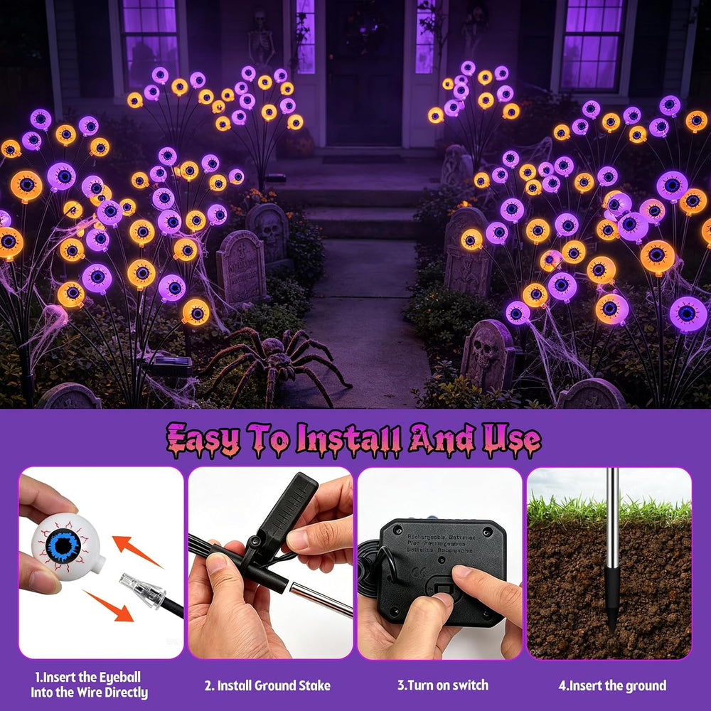 Halloween Decorations Outdoor, 4 Pack 24 LED Purple and Orange Solar Scary Ey...
