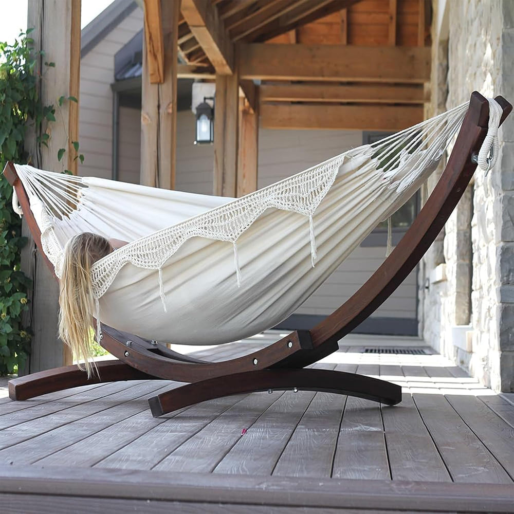 Vivere Double Cotton Hammock with Solid Pine Arc Stand - 450 lb Capacity, Dur...