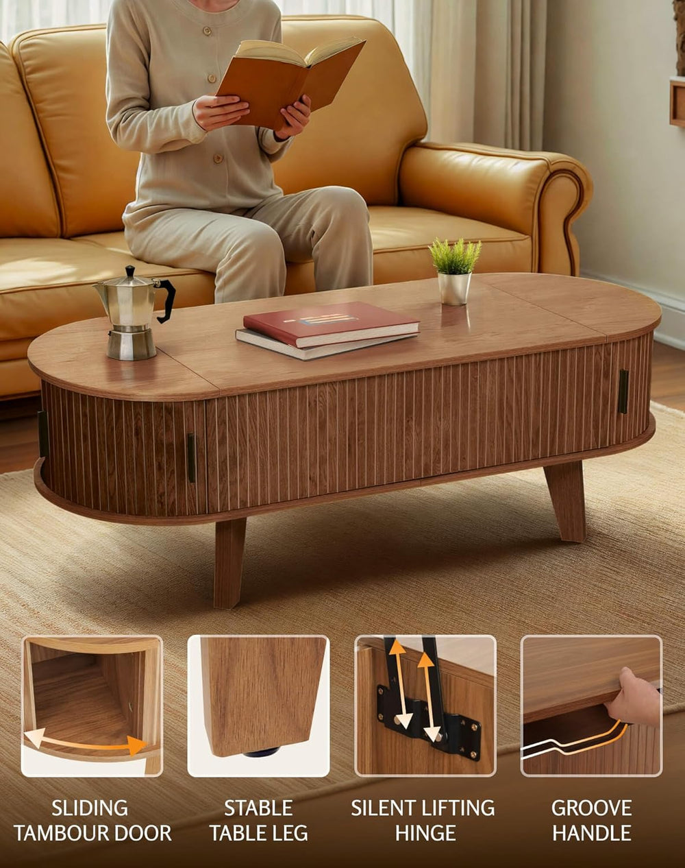 Oval Lift Top Coffee Table with Storage, 47.2" Mid Century Modern Living...
