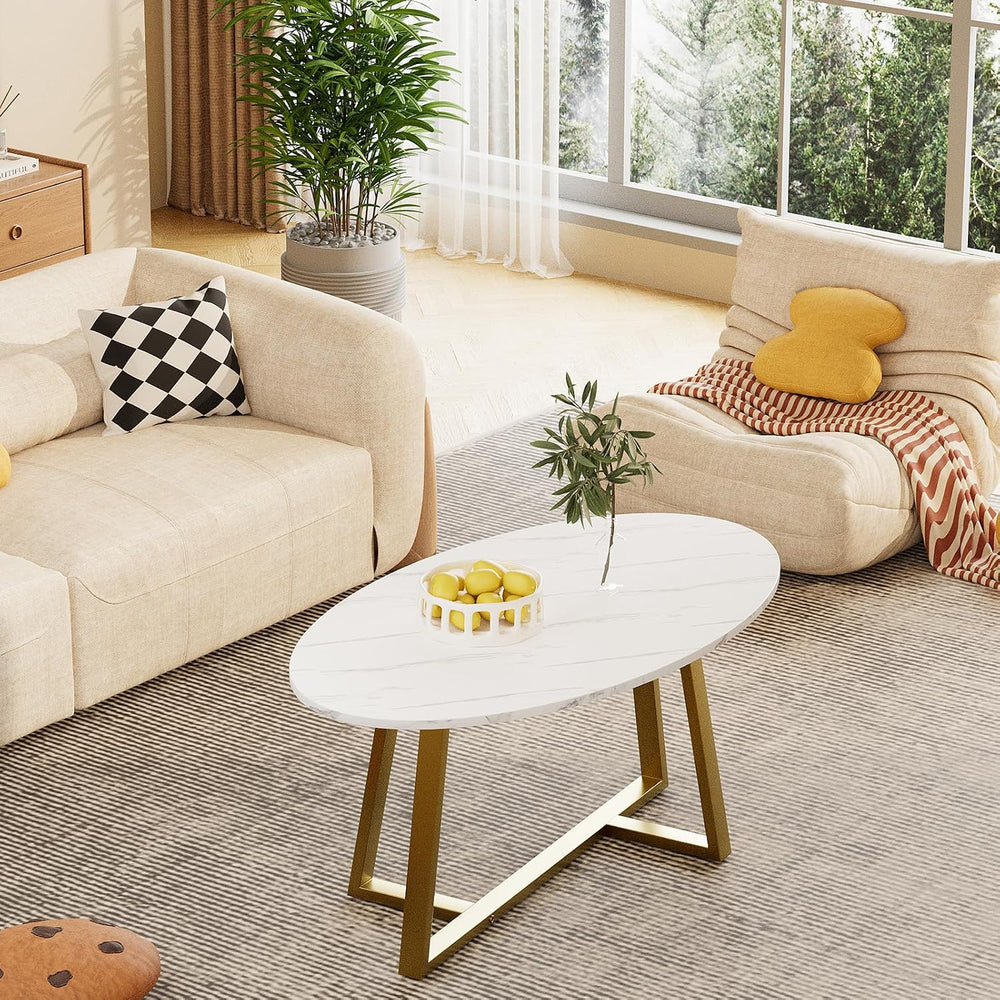 Wolawu Coffee Table White Faux Marble Coffee Table for Living Room,Oval Cente...