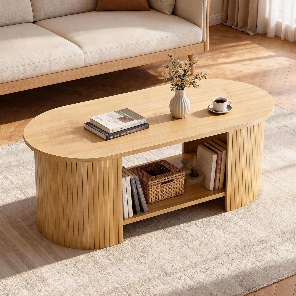 MXV Oval Fluted Coffee Table, 2-Tier Mid Century Modern Center Table, Tea Tab...