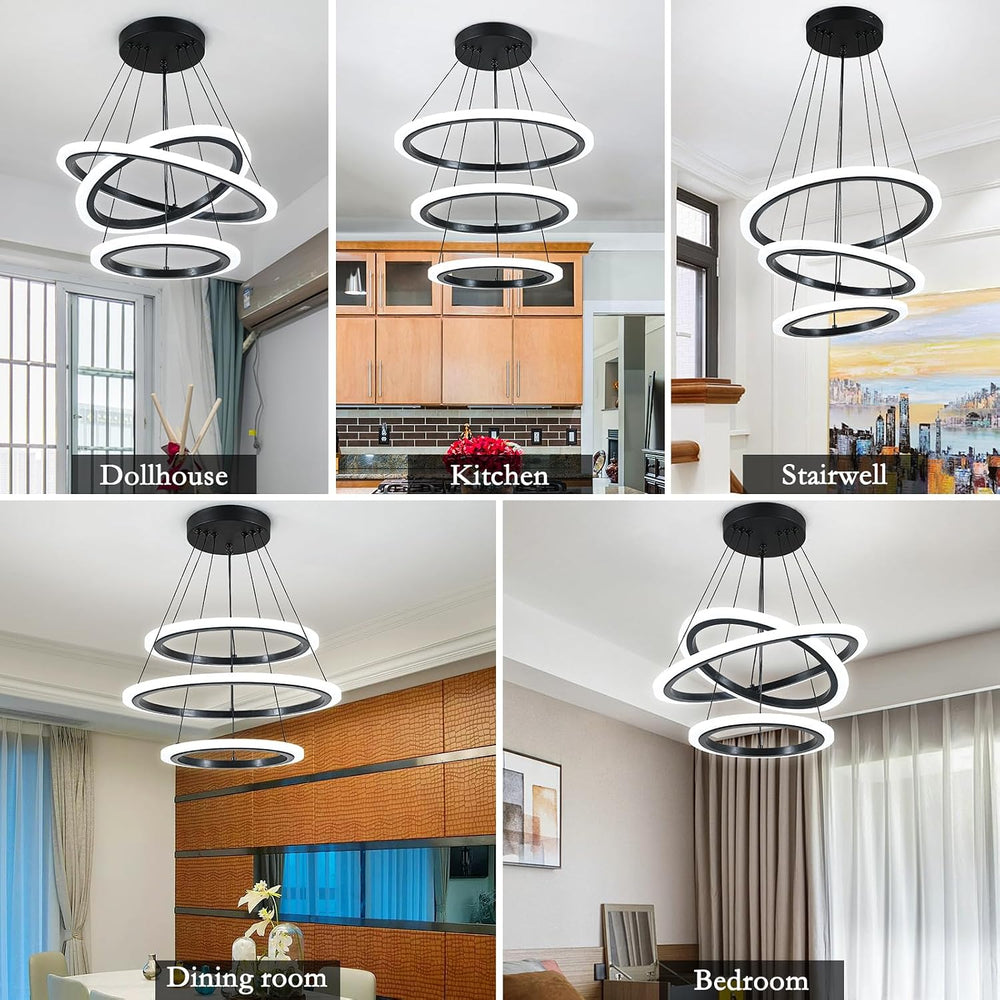 O'NEELDY Modern 3 Ring LED 52W Black Pendant Light with Irregular Ring Li...