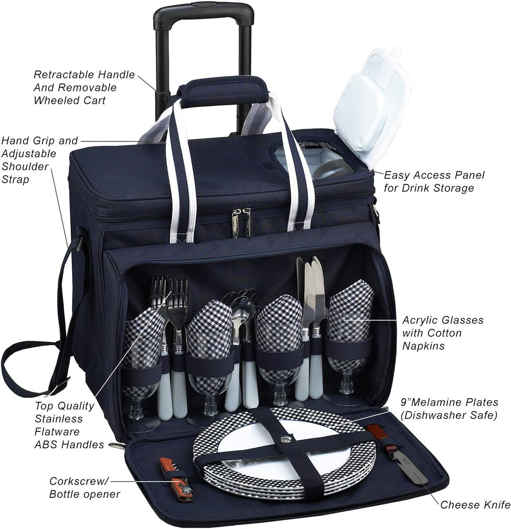 Picnic at Ascot Original Insulated Picnic Cooler with Service for 4 on Wheels...