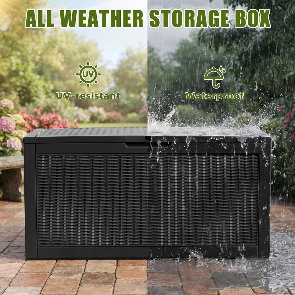 140 Gallon Deck Box, Lockable Waterproof Resin Storage Box, Black