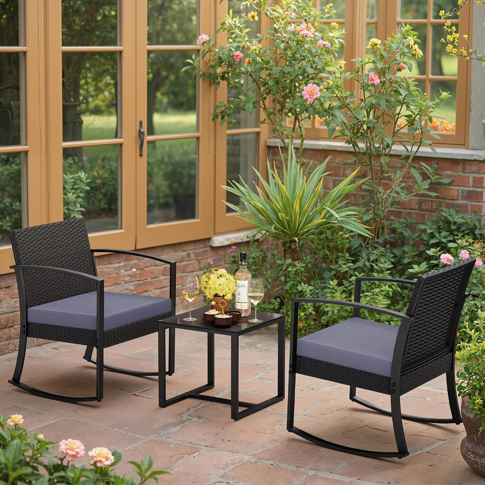 Greesum 3 Pieces Outdoor Furniture Set Patio Bistro Rocking Chairs with Glass...