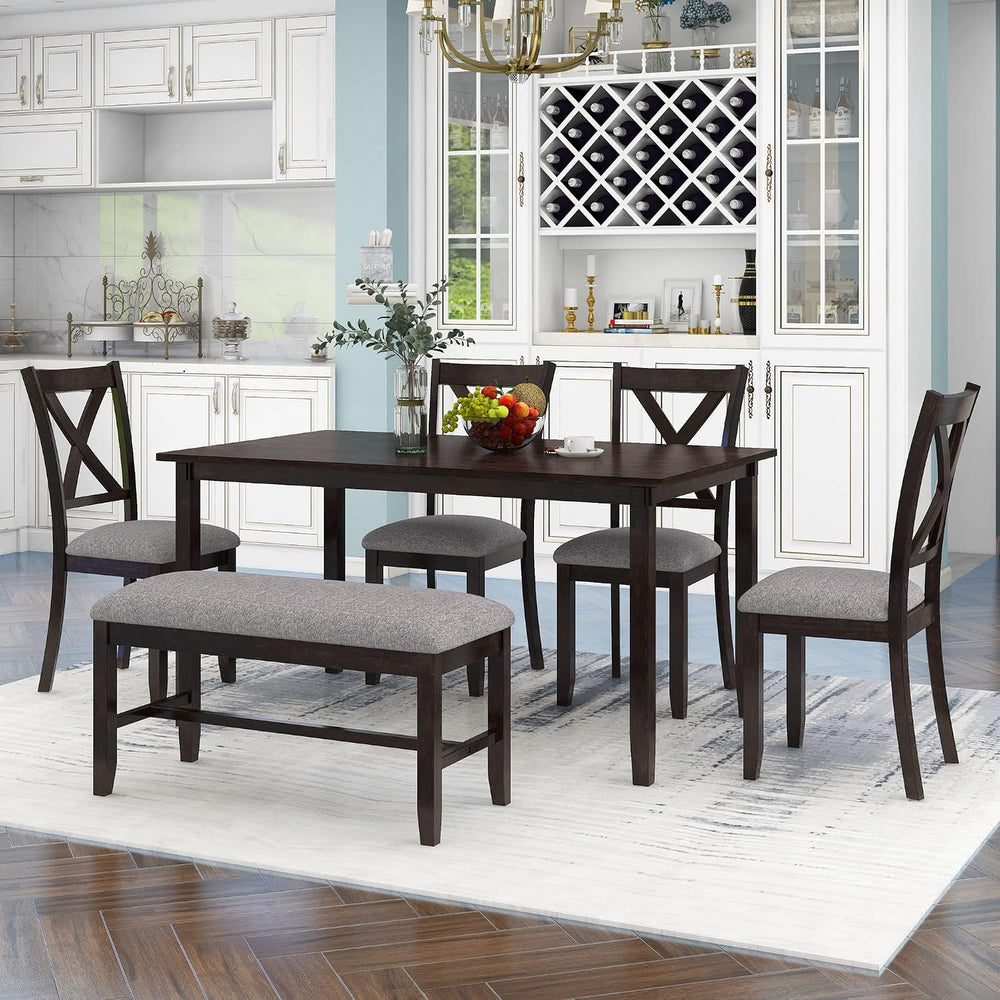 Merax 6 Piece Rustic Farmhouse Dining Table Set with Bench, Solid Wood Rectan...
