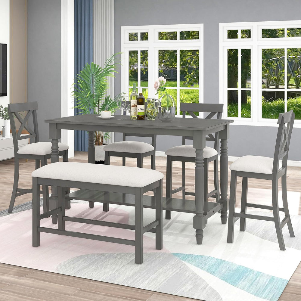 LUMISOL Counter Height Kitchen Table Set with Bench and Chairs for 6 Rustic S...
