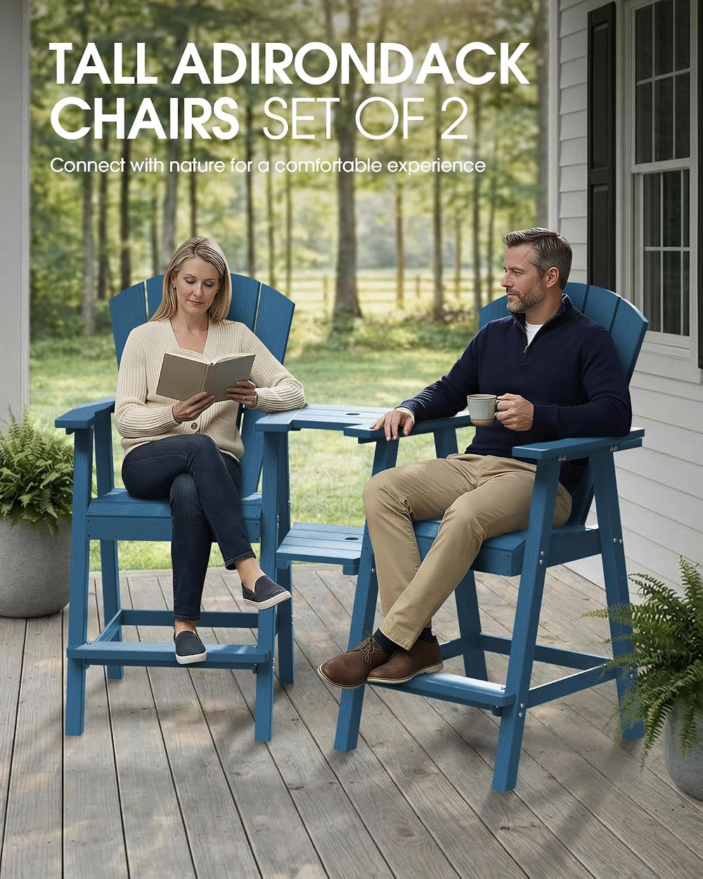Tall Adirondack Chairs Set of 2 with Table Trays, Navy Blue