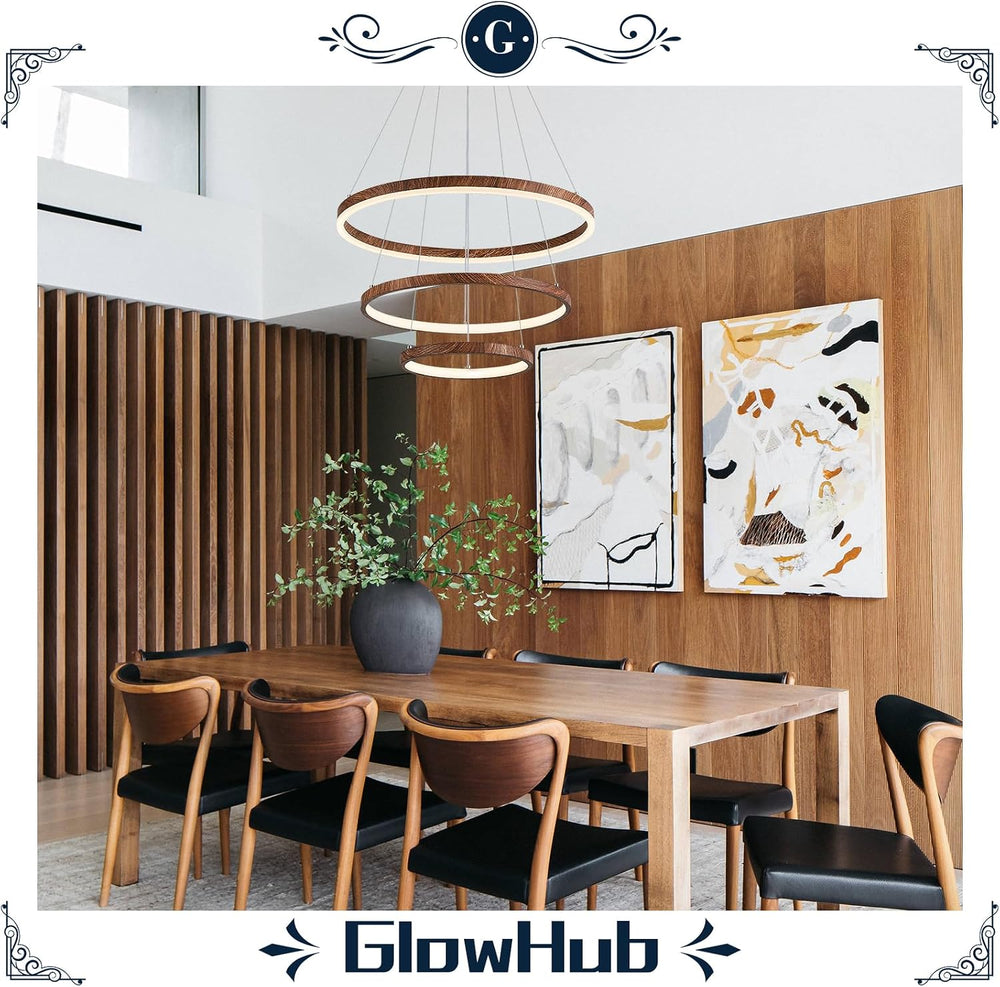 GlowHub 3-Ring Modern LED Chandelier, Wood Grain Round Dimmable Pendant Light...
