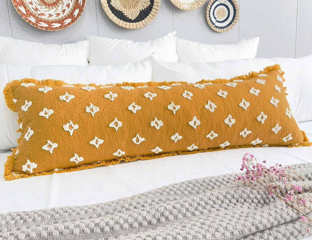 Boho Long Lumbar Pillow Cover 14x48 with Tassel Fringe,3D Flower Patterned Ex...