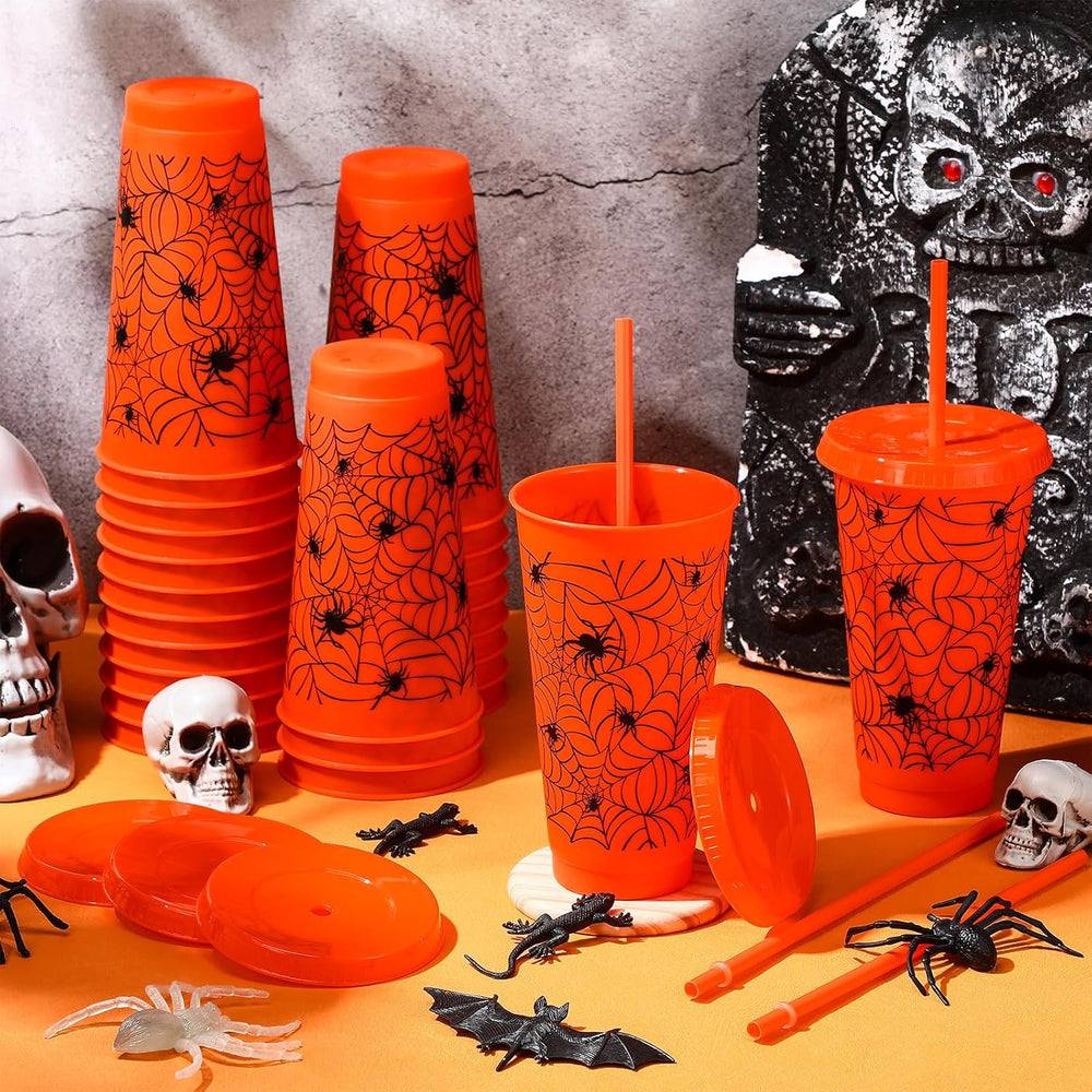 Funnymoom 24 Pcs Orange Halloween Spiderweb Plastic Cups Bulk, 24 oz