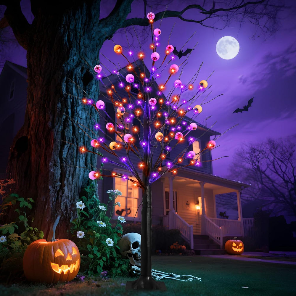 6FT Halloween Decorations Spooky Tree Lights, Large Black Trees with 144 Oran...