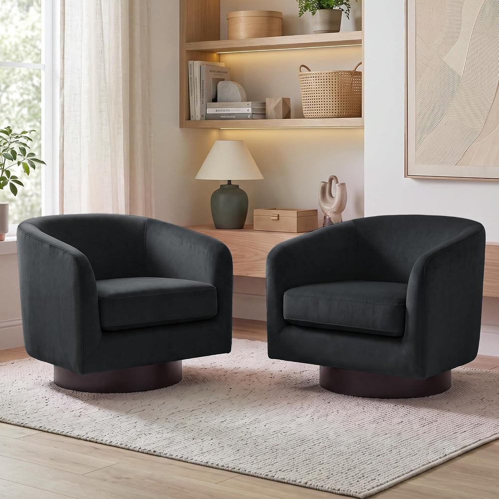 Swivel Barrel Accent Chair, Comfy Reading Armchair, Black, Set of 2