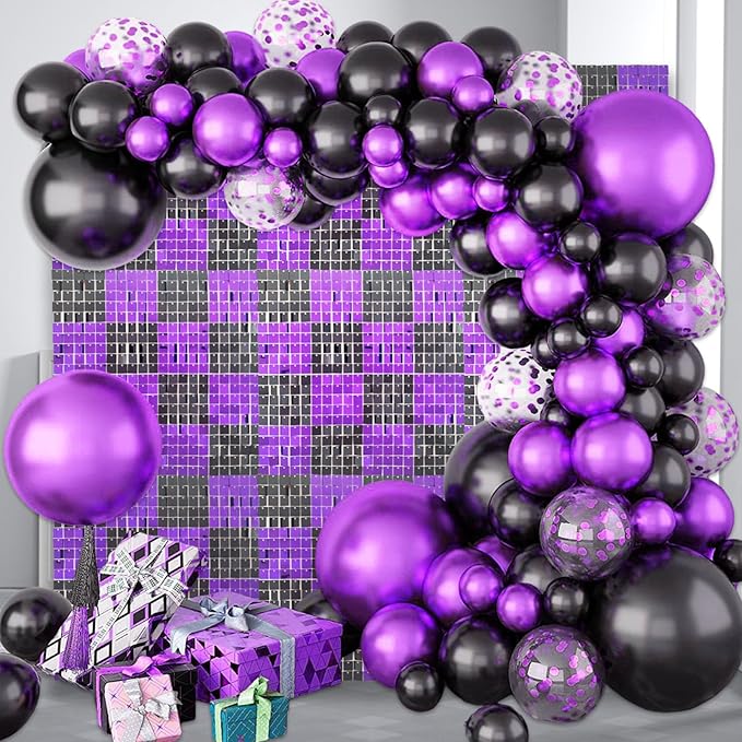 24PCS Black Purple Shimmer Wall Backdrop, Square Sequin Photo Backdrops Panel...