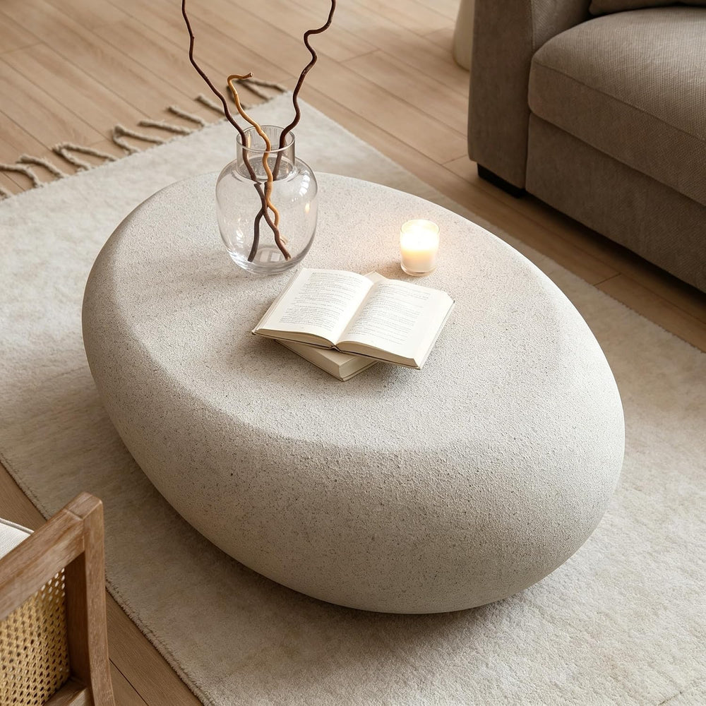 43.31" Oval Coffee Table, Modern Faux Stone Circle Center Tables Accent ...