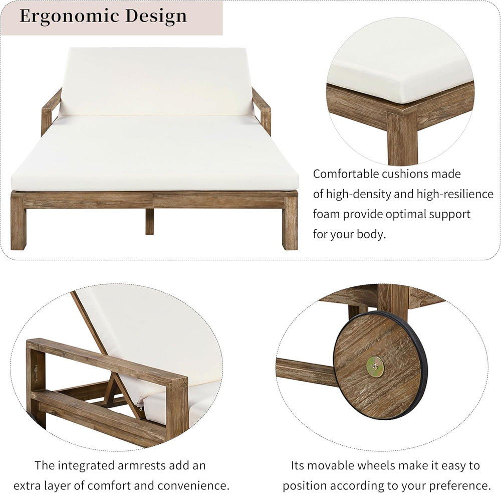 Farmhouse-Style Acacia Wood Outdoor Daybed for 2,Weather-Resistant Patio Loun...