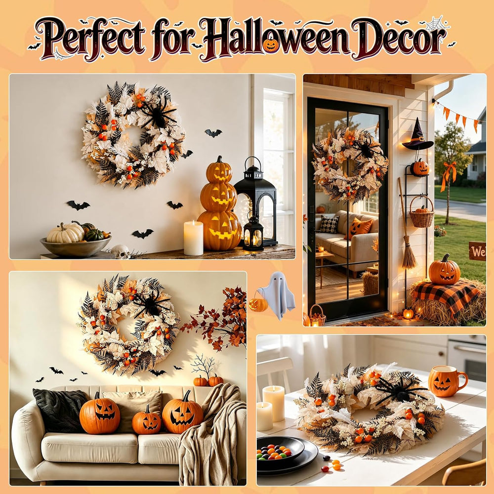 Grooy 24 Inch Halloween Wreath for Front Door with Spider Maple Leaf