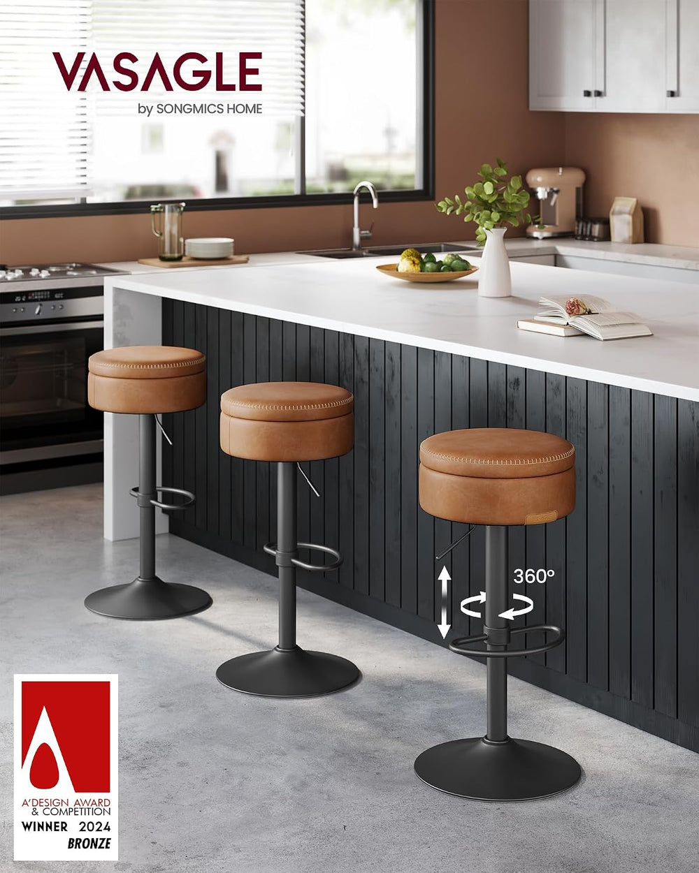 VASAGLE 360° Swivel Bar Stool, Height Adjustable, with Storage