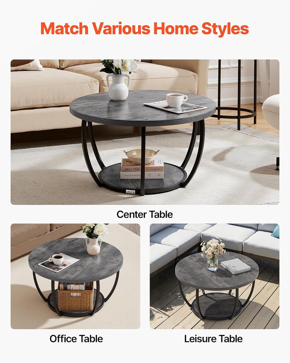 VEVOR Coffee Table, 31.5" Modern Round Coffee Table, 2 Tiers Wooden Circ...
