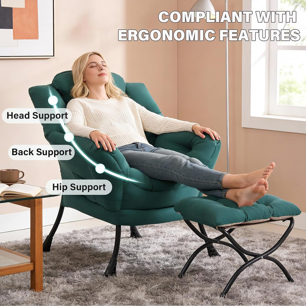 Modern Lazy Chair with Ottoman, Comfy Accent Reading Chair, Dark Green
