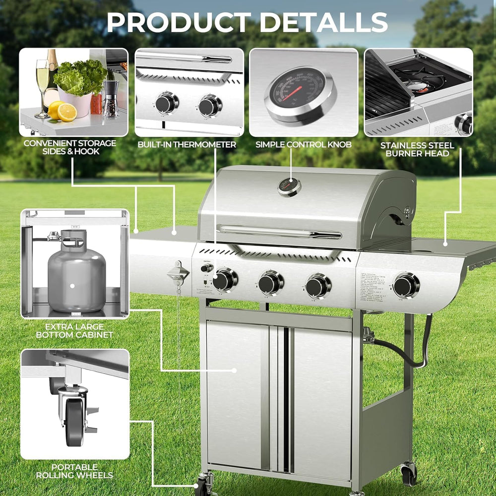 Electactic 3-Burner Propane Gas Grill with Side Burner, 34,000 BTU Stainless ...