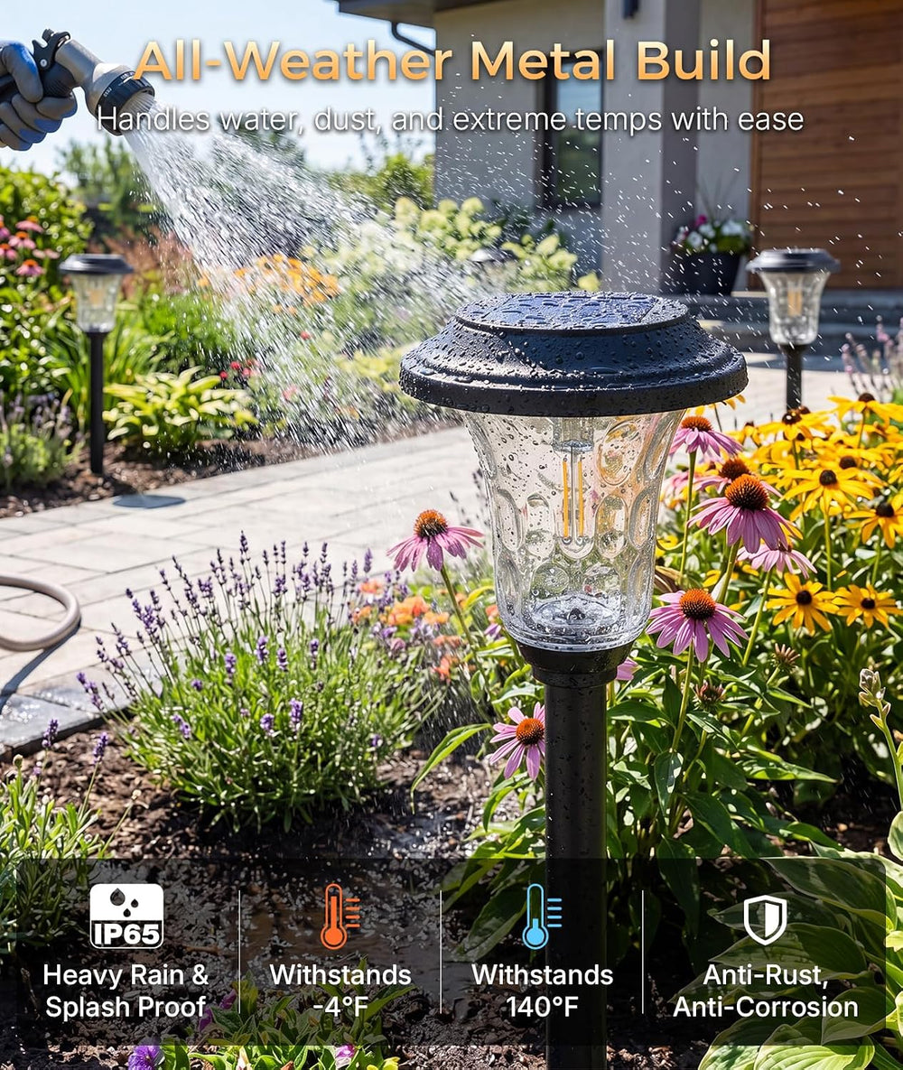 XMCOSY+ Solar Garden Lights 4 Pack, Metal Glass Solar Pathway Light Outdoor