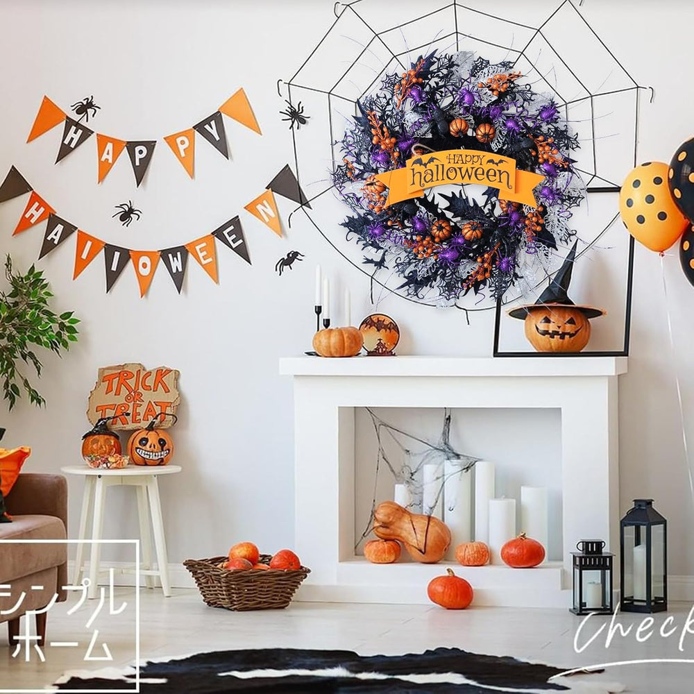 22 Inch Halloween Glitter Pumpkin Spider Wreath for Front Door