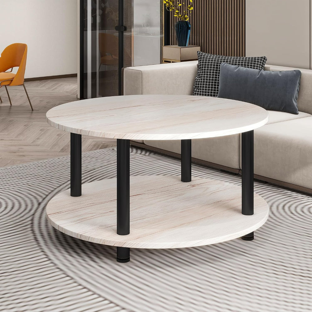 23.6" Round Coffee Table, 2-Tier Small Circle Coffee Table with Storage,...