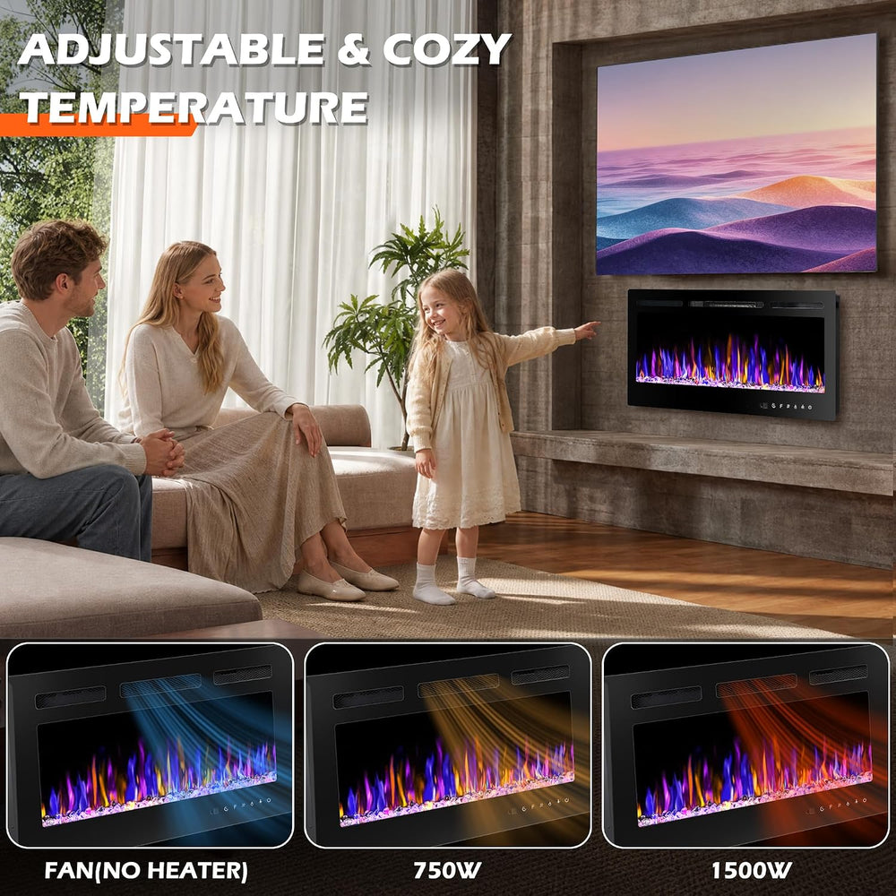 36" Electric Fireplace Wall Mounted and Recessed 750/1500w W/Remote Control