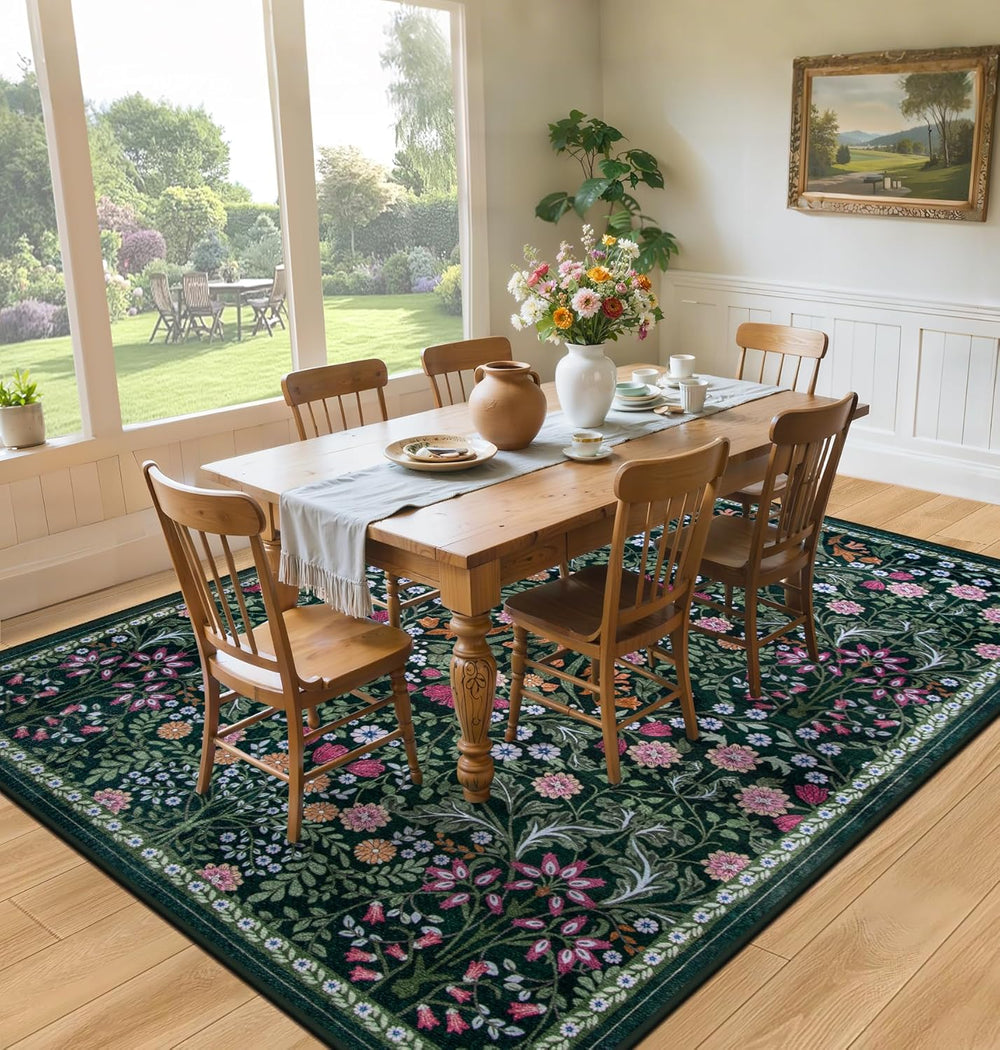 PLHXFR Area Rug 10x14 Living Room: Floral Washable Boho Carpet Dark Green