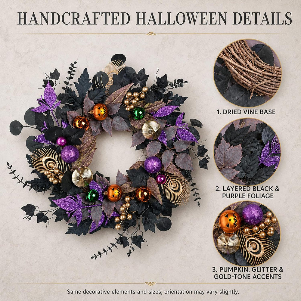 22-Inch Black and Purple Halloween Wreath for Front Door with Light String