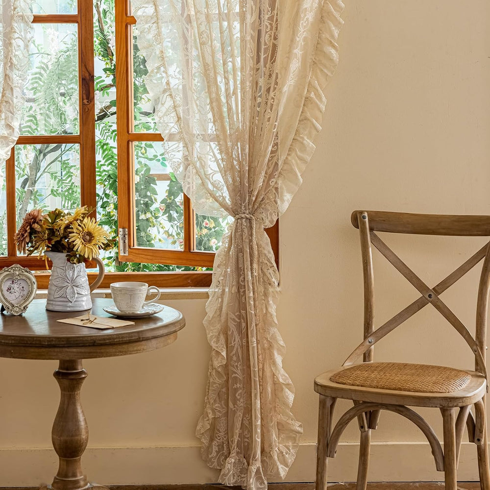 TUDECO Beige Lace Curtains 84 Inches Long, Vintage Ruffle, 2 Panels