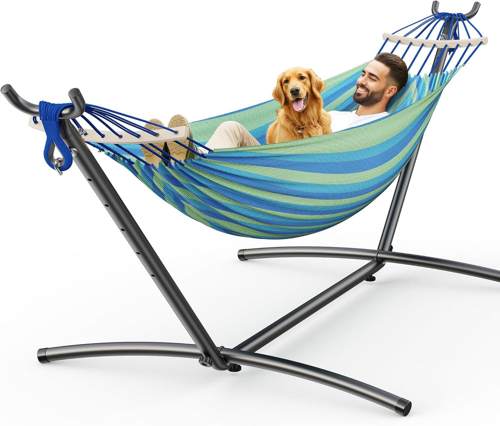 ANAGOO 2 Person Hammock with Stand, 500 lb Indoor Outdoor, Wide Blue
