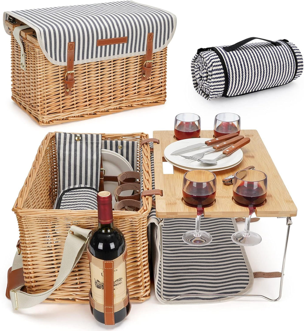 WILLOW WEAVE Wicker Picnic Basket for 4 with Wine Table - Stripe