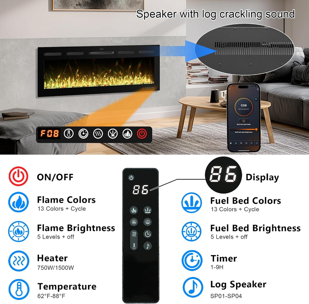 50" Electric Fireplace, Recessed or Wall Mounted, 5.5" Deep, 750W/1...