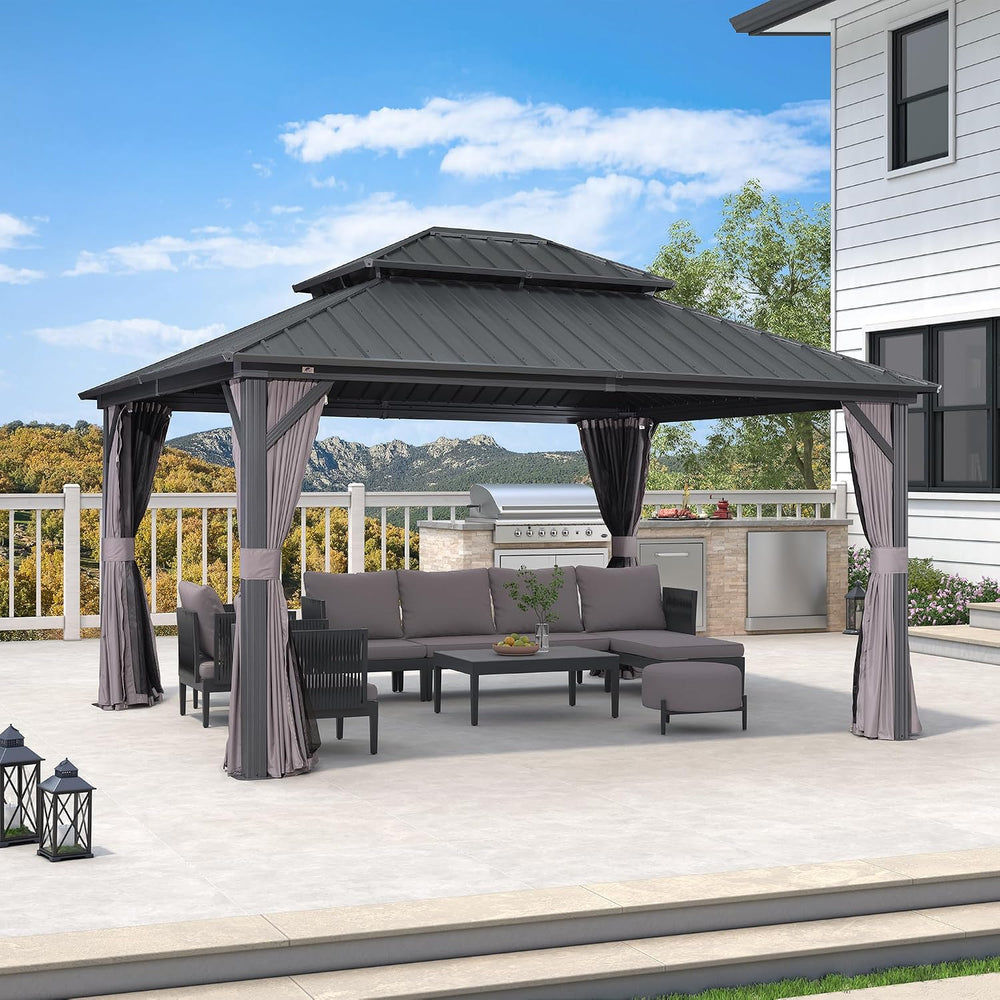 PURPLE LEAF Patio Aluminum Hardtop Gazebo 12' x 14' Privacy Curtain, ...