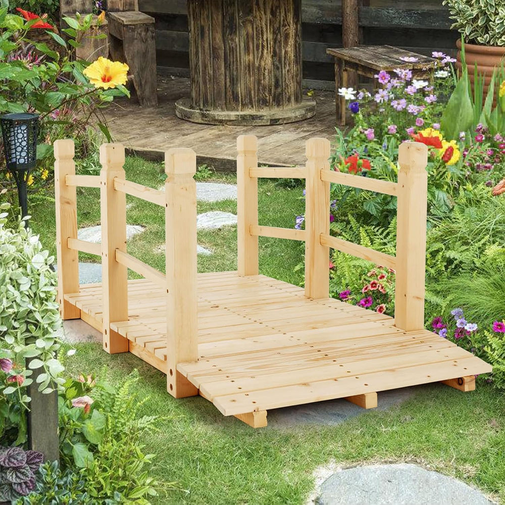 GIANTEX 5 ft Garden Bridge - Natural Wood Arc Footbridge Walkway with Side Ra...