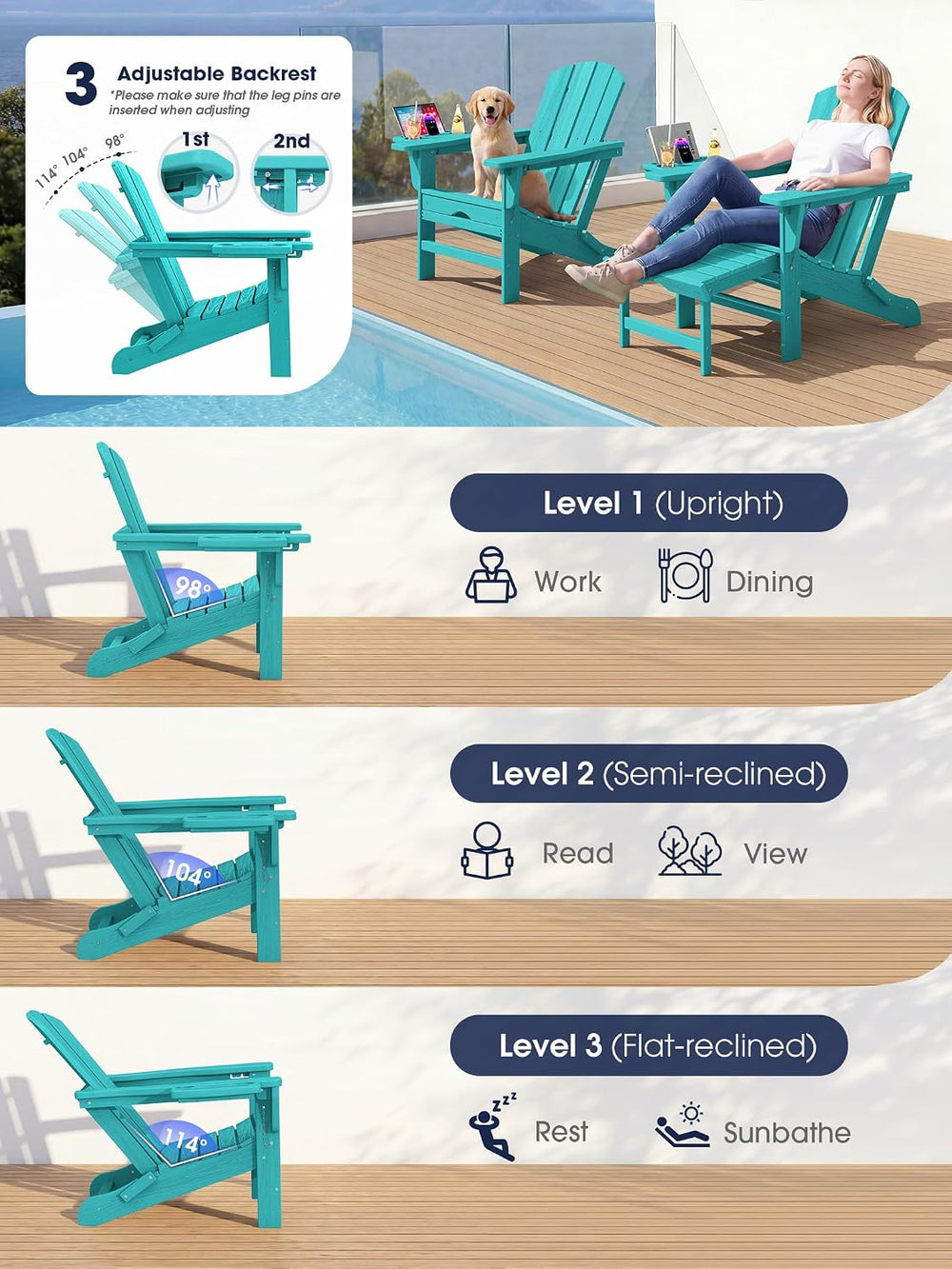 KINGYES Adjustable Folding Adirondack Chair with Footrest & 4-in-1 Multi-...