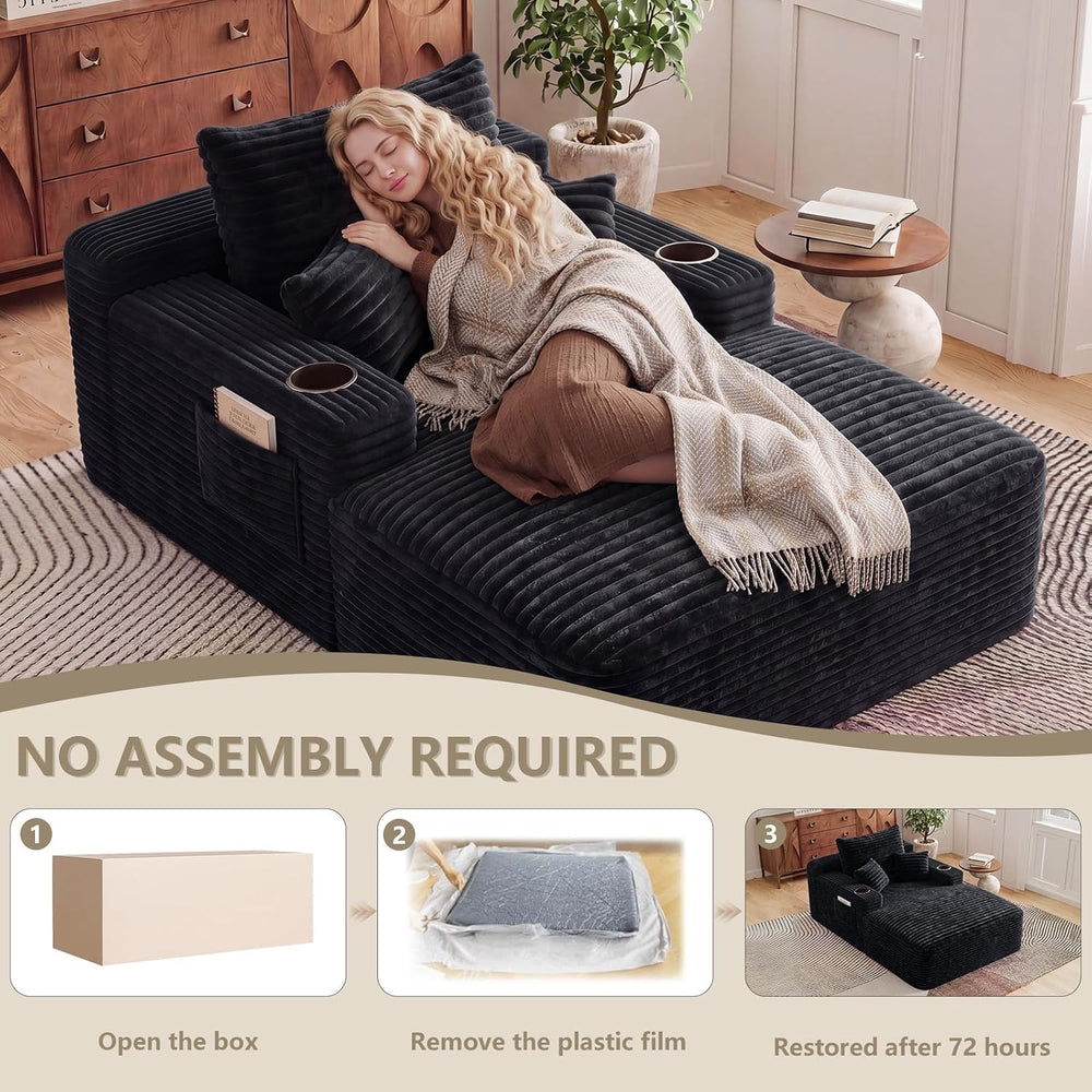 65" Chaise Lounge Chair Indoor with Cup Holders & Side Pocket, Overs...