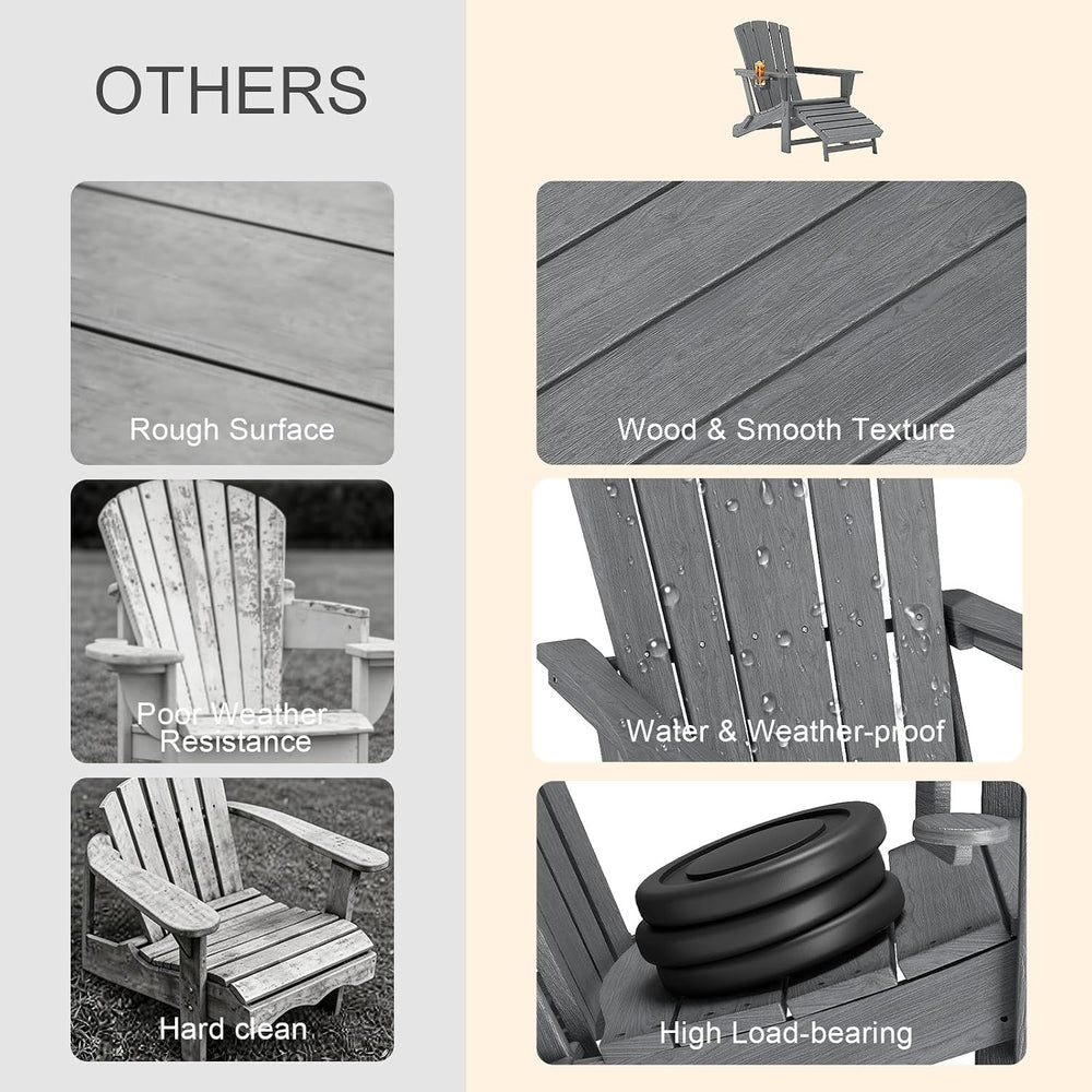 Folding Adirondack Chair with Retractable Ottoman Set of 2,HDPE Outdoor Adiro...
