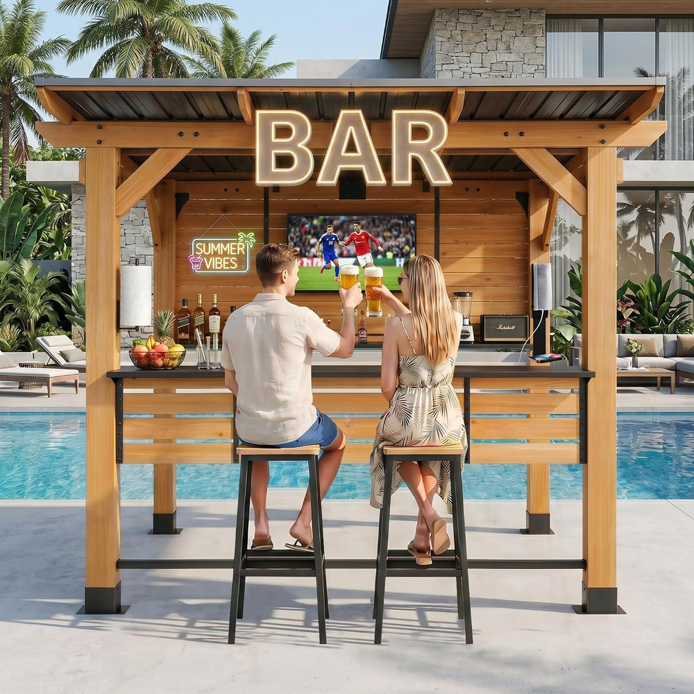 6x8FT Cedar Wood Outdoor Bar Gazebo with Built-in Power Outlet & TV Mount...