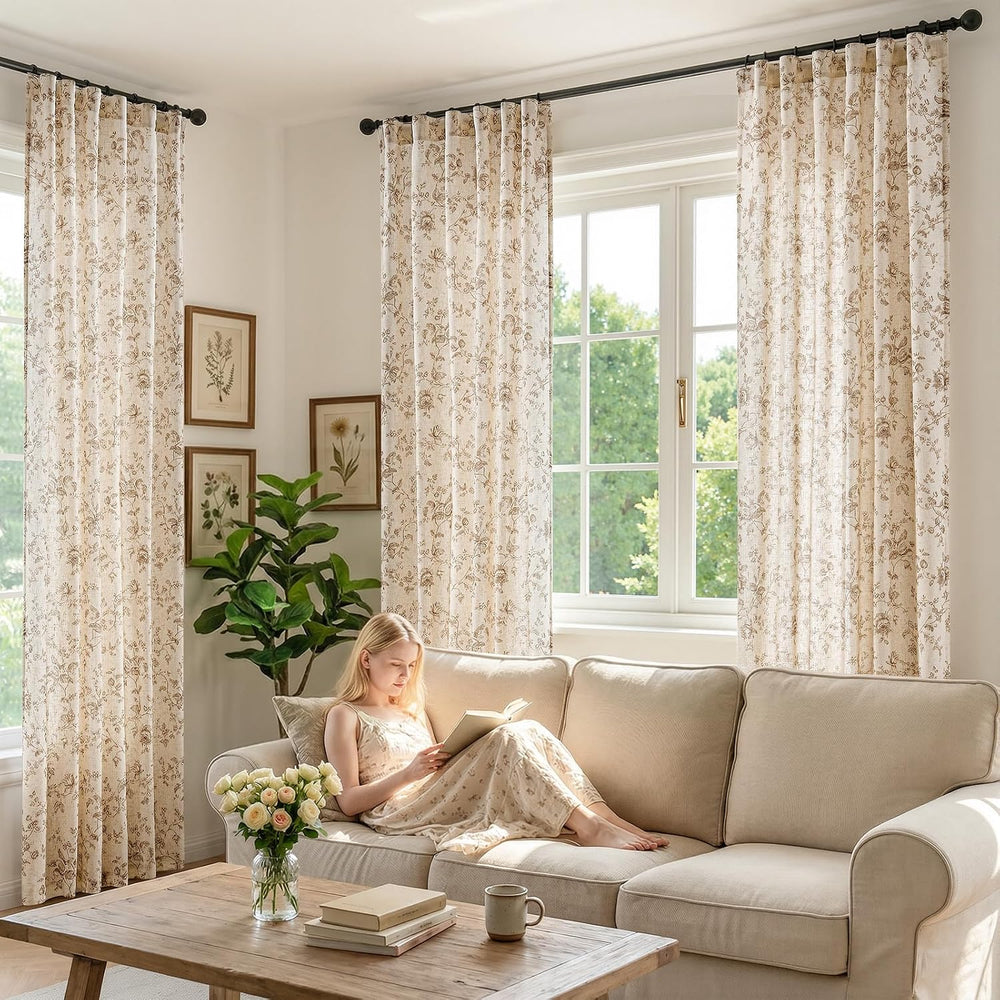 jinchan Linen Curtains 96 inch Taupe Floral Farmhouse Rod Pocket 2 Panels