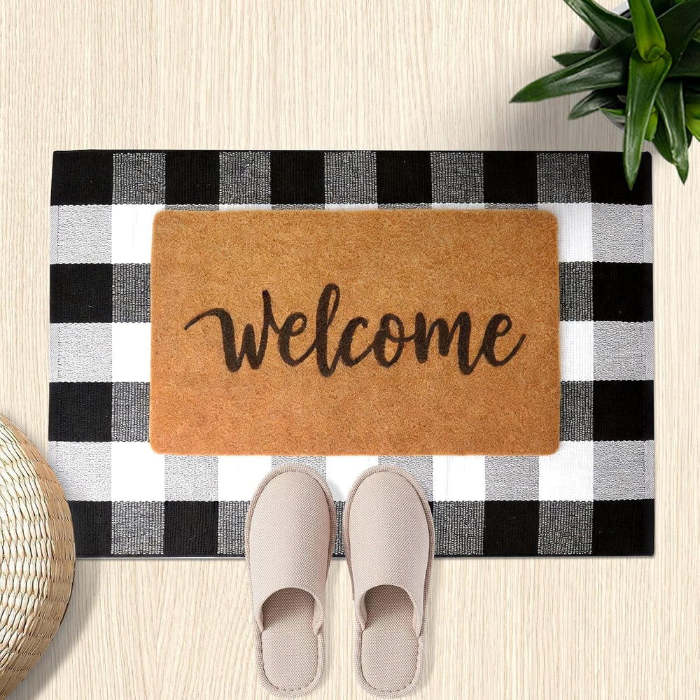 2-Piece Front Door Mat Set, Coir Welcome Mat & Black White Plaid Mat