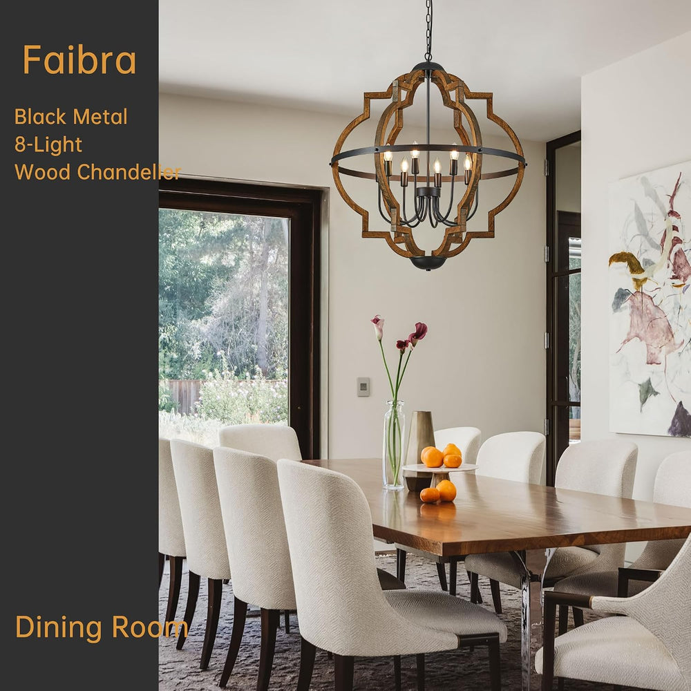31.96" 8 Light Brown Oak Wood Drum Pendant Light for Dining Room